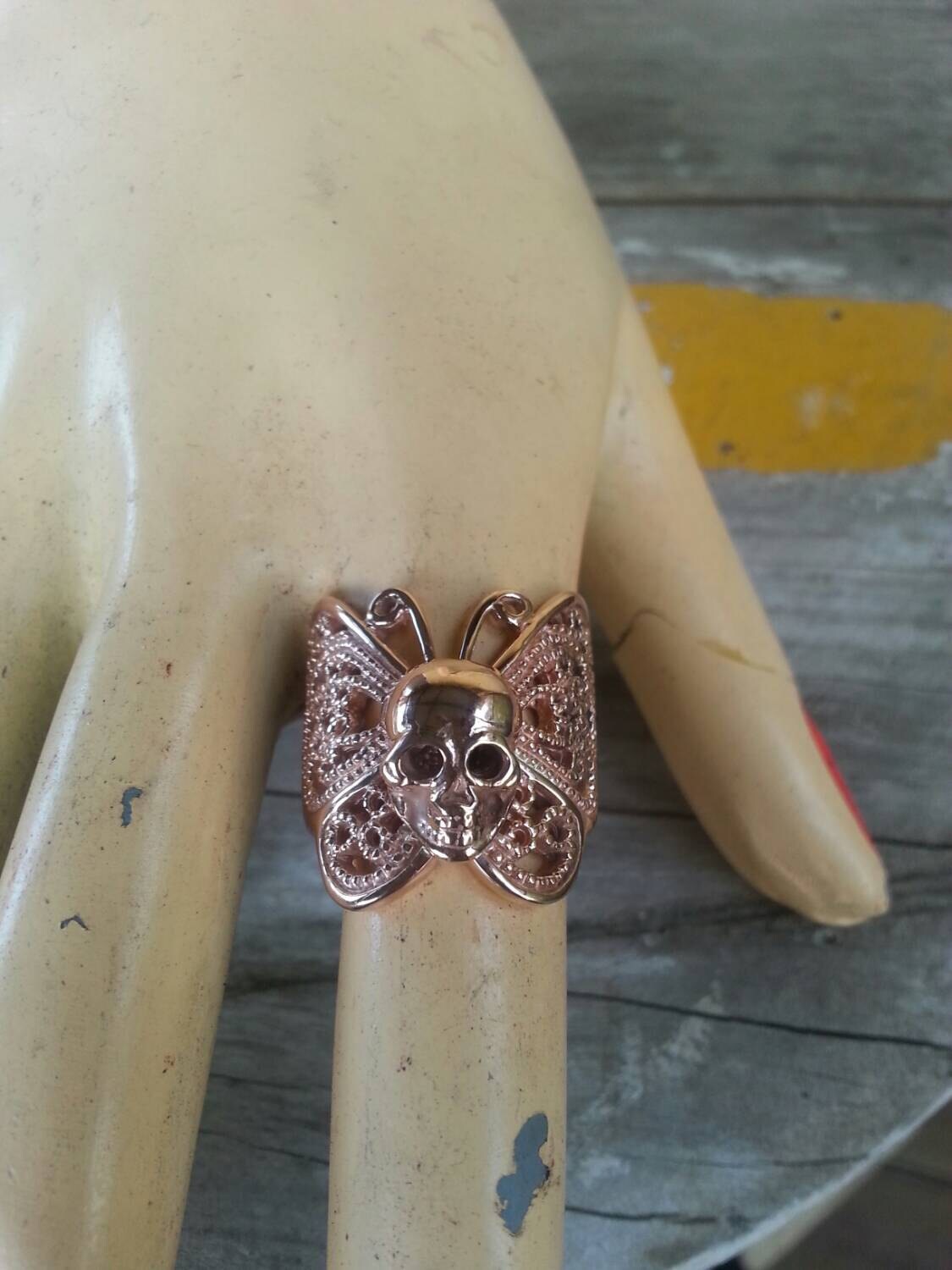 MADE TO ORDER,gold butterfly,skull ring,9ct, rose gold, filegree ring,rockabilly, steampunk, gothic,grunge.boho,shic,handmade,womens fashion