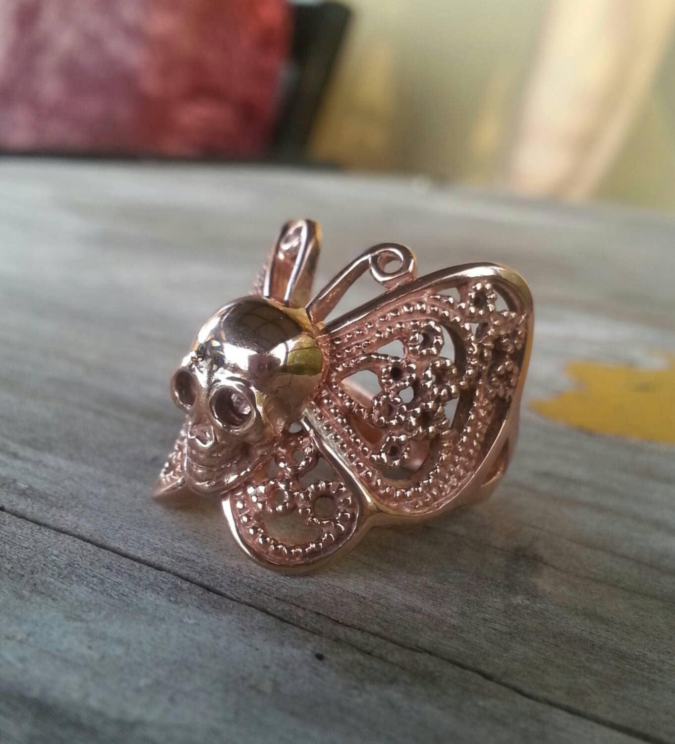 MADE TO ORDER,gold butterfly,skull ring,9ct, rose gold, filegree ring,rockabilly, steampunk, gothic,grunge.boho,shic,handmade,womens fashion