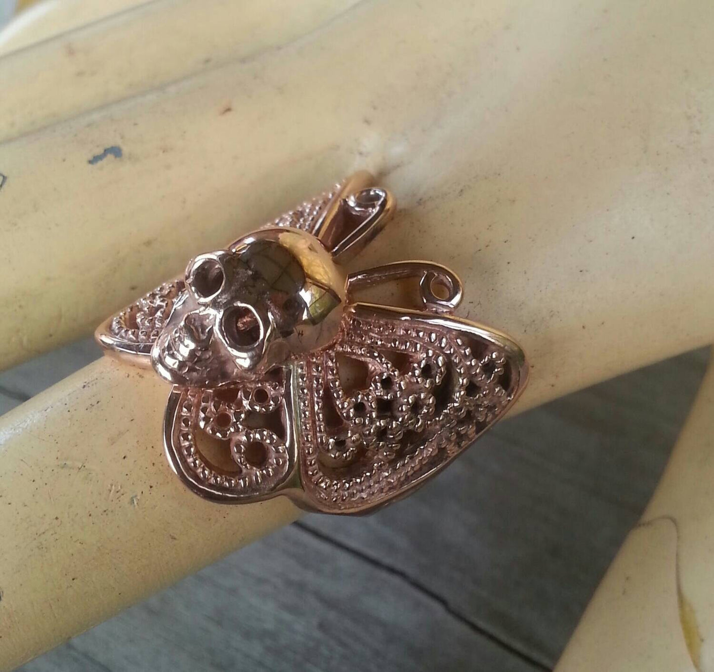 MADE TO ORDER,gold butterfly,skull ring,9ct, rose gold, filegree ring,rockabilly, steampunk, gothic,grunge.boho,shic,handmade,womens fashion