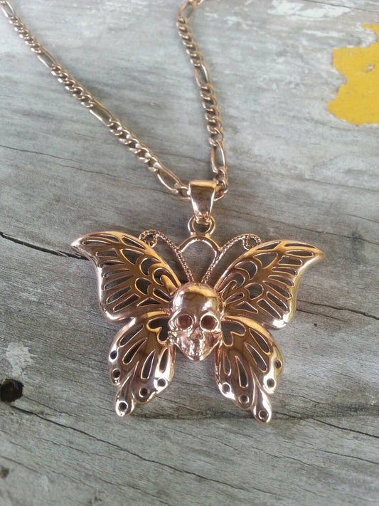 Gold butterfly pendant,skull,solid 9k rose gold,filegree butterfly,tattoo flash,handmade,punk, steampunk,gothic,grunge,goddess,gold skull