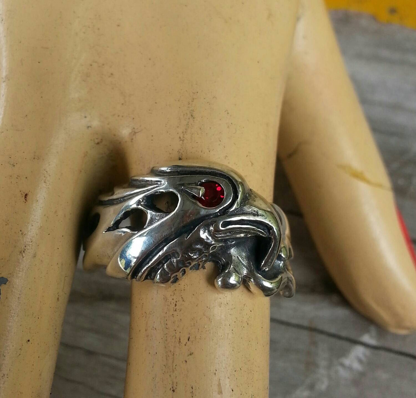 Eagle ring,sterling silver,syn sapphire ring,bird head,red stone  m,tribal,indian,cowboy,country and western,Phoenix,hawk,mans ring