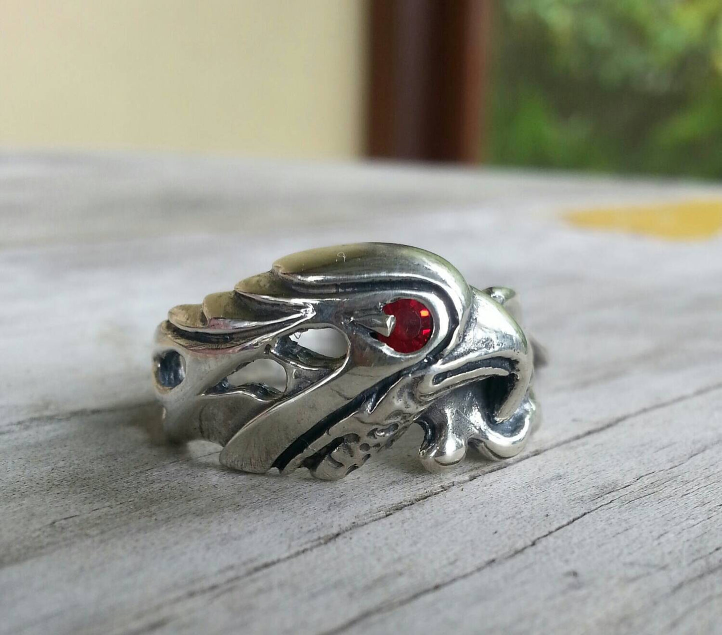 Eagle ring,sterling silver,syn sapphire ring,bird head,red stone  m,tribal,indian,cowboy,country and western,Phoenix,hawk,mans ring