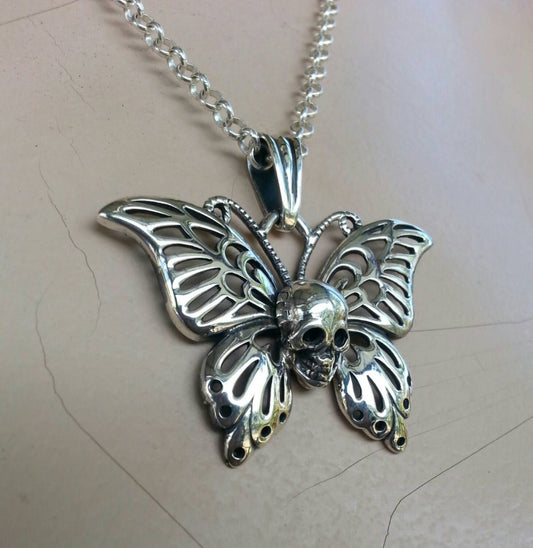 Skull butterfly pendant,Large, sterling silver,filegree,butterfly,skull tattoo, punk,steampunk,gothic,grunge,handmade,boho,vintage,gypsy,