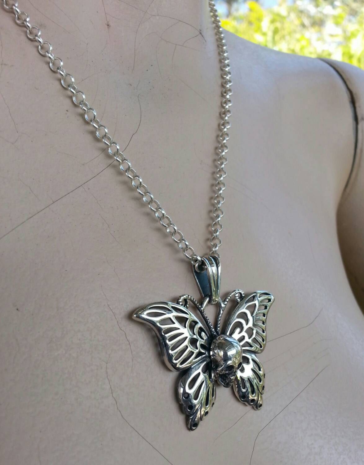 Skull butterfly pendant,Large, sterling silver,filegree,butterfly,skull tattoo, punk,steampunk,gothic,grunge,handmade,boho,vintage,gypsy,