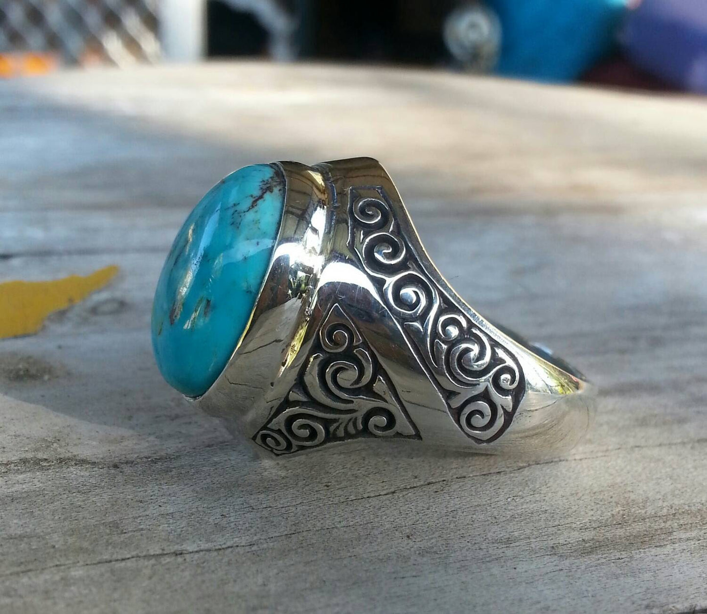 Turquoise ring,large mans ring sterling silver,chunky,wedding dress ring, antique, scroll,maori koru,pattern