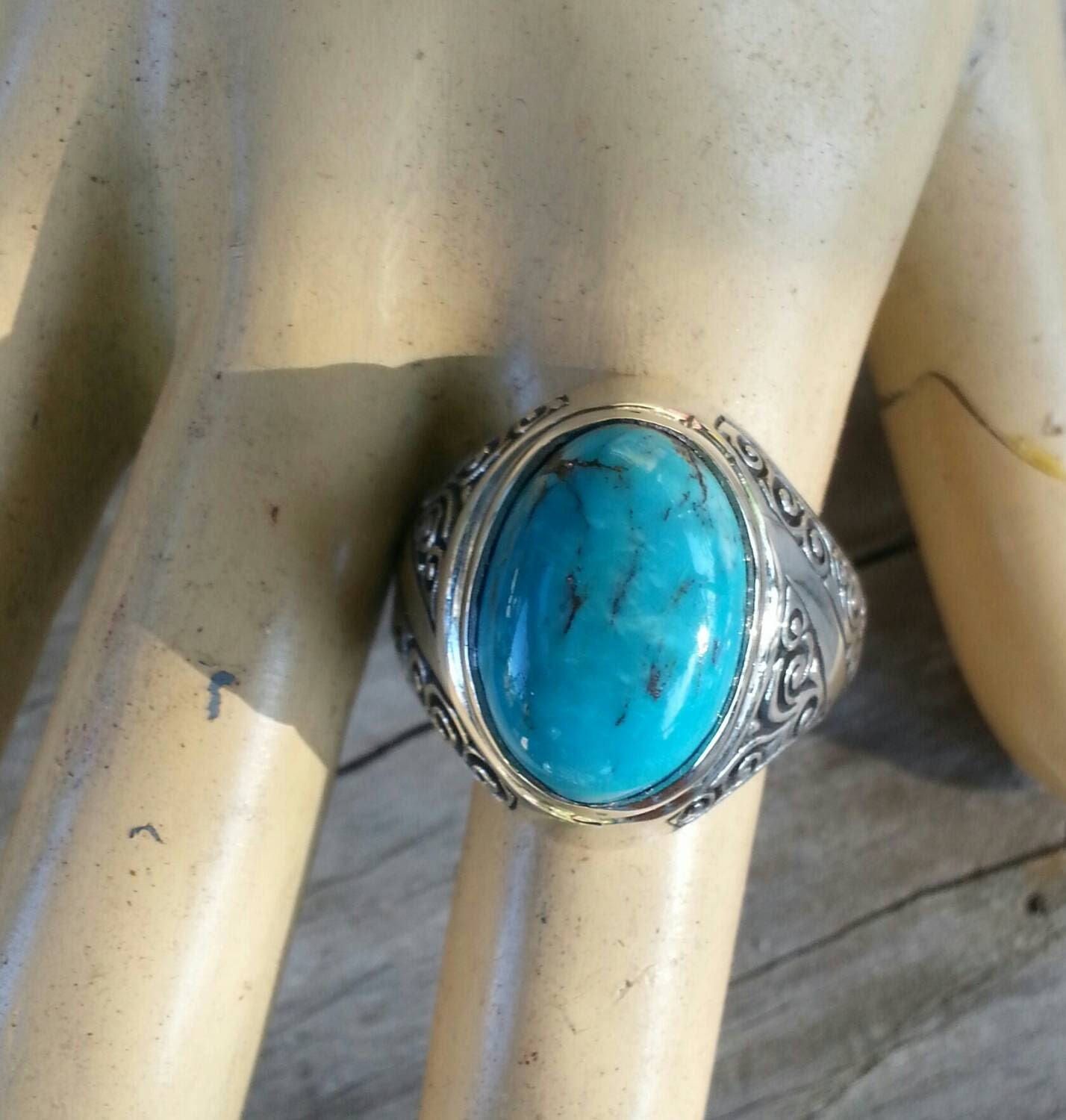 Turquoise ring,large mans ring sterling silver,chunky,wedding dress ring, antique, scroll,maori koru,pattern