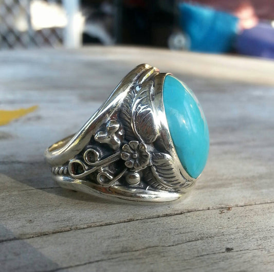 Turquoise ring, sterling silver,mans ring,chunky ring,large dress ring, wedding dress ring antique scroll pattern