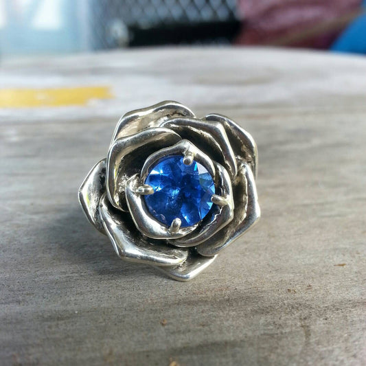 rose ring,sterling silver,steampunk,blue stone,gothic, art nouveau, victorian,antique,flower,boho,hand made,large ring,hipster,tattoo,gypsy