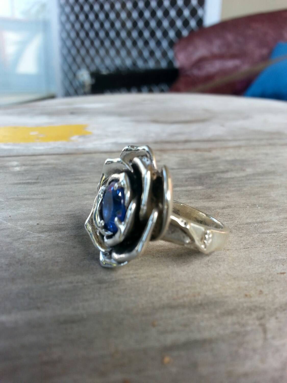 rose ring,sterling silver,steampunk,blue stone,gothic, art nouveau, victorian,antique,flower,boho,hand made,large ring,hipster,tattoo,gypsy