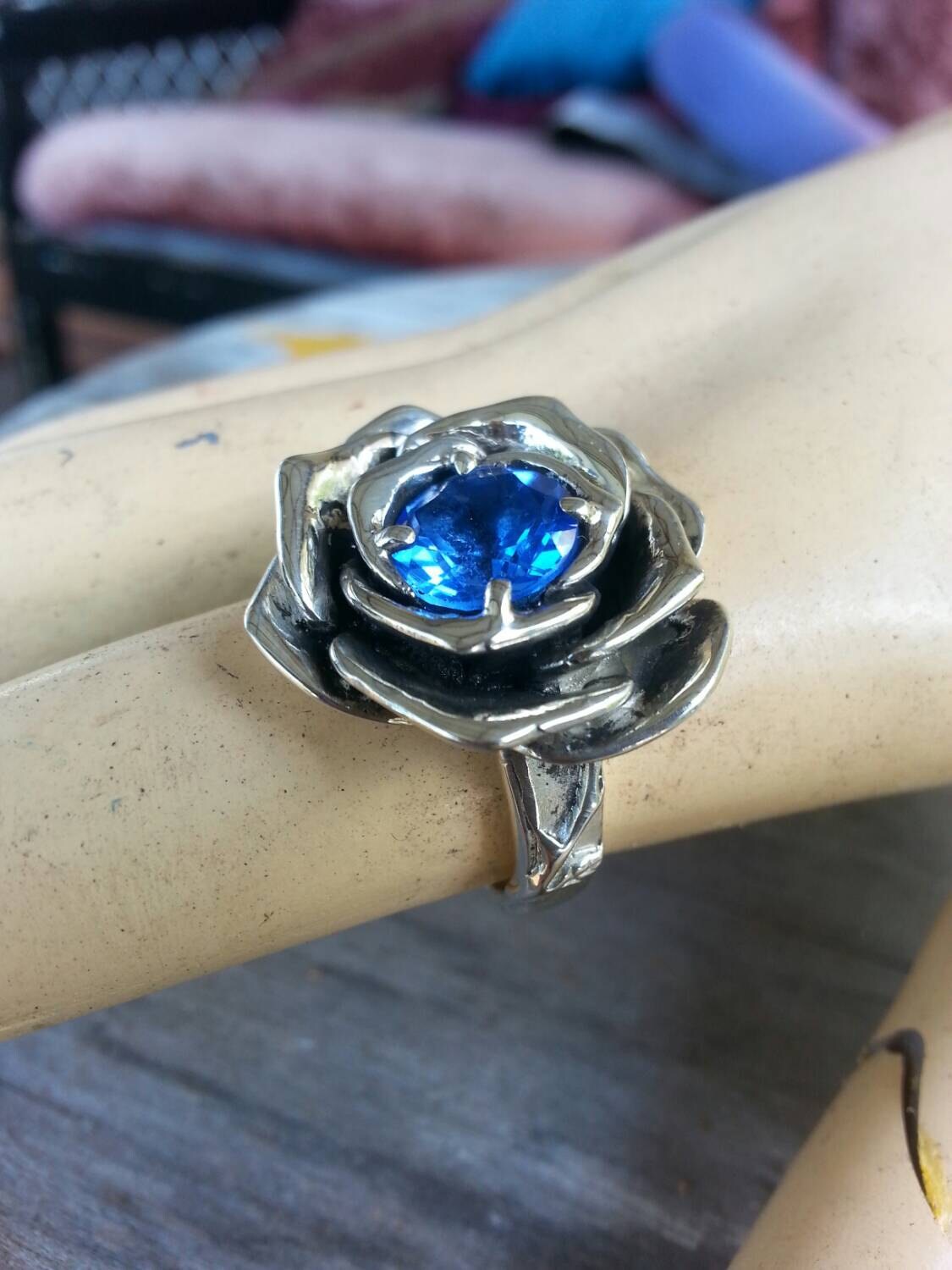 rose ring,sterling silver,steampunk,blue stone,gothic, art nouveau, victorian,antique,flower,boho,hand made,large ring,hipster,tattoo,gypsy