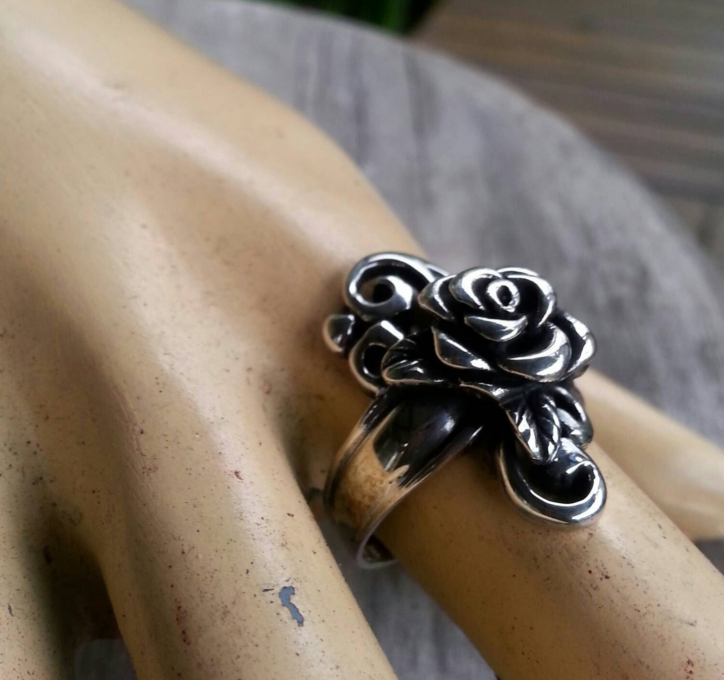 rose scroll ring,sterling silver, steampunk,gothic ,art nouveau victorian,vintage,hand made,long ring,antique rose,flower,goddess,boho,swirl