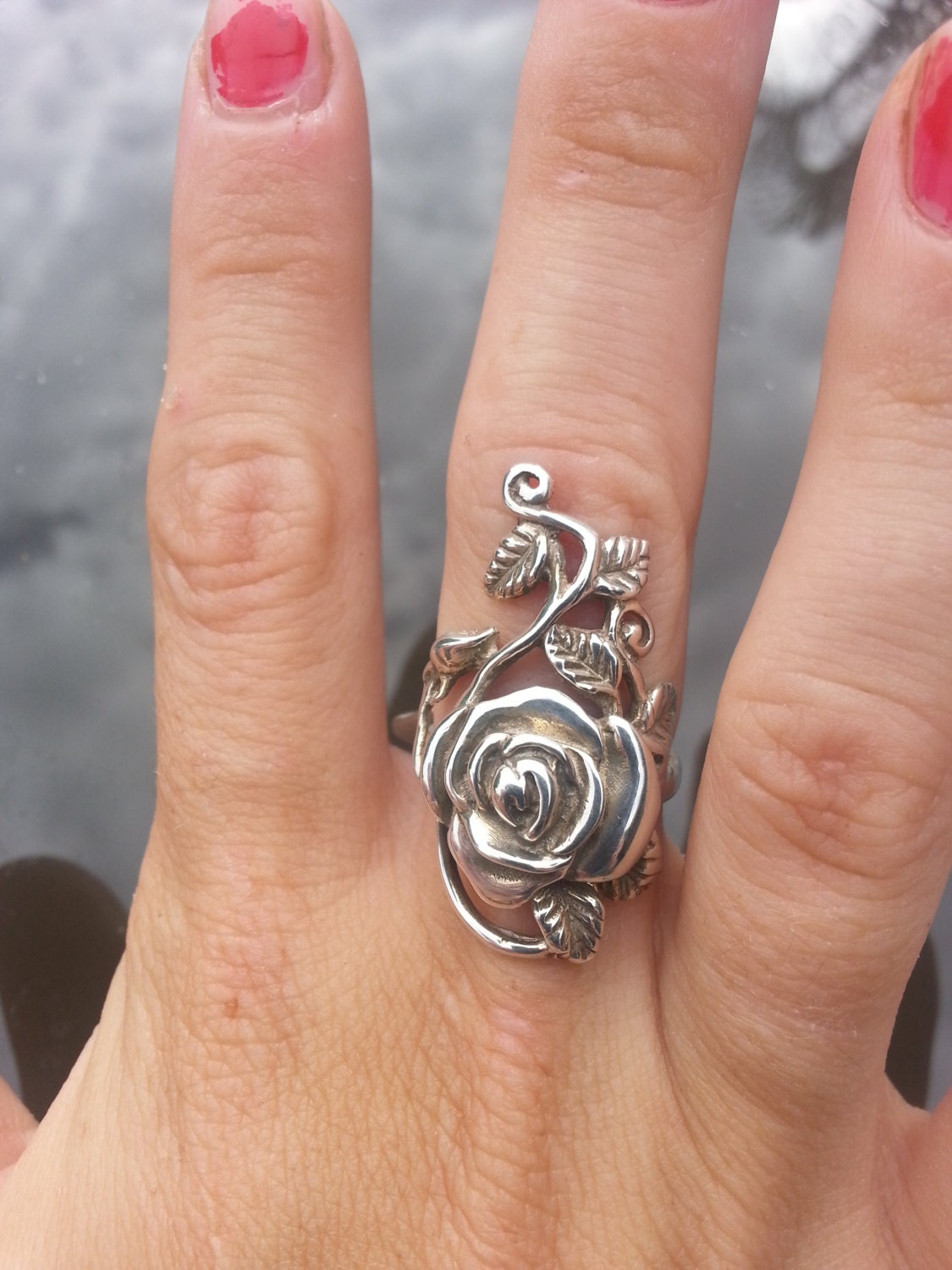 Long rose ring ,sterling silver, alternative,steampunk,gothic, art nouveau,Victorian,hand made,flower,goddess,boho gypsy,organic,Rose tattoo