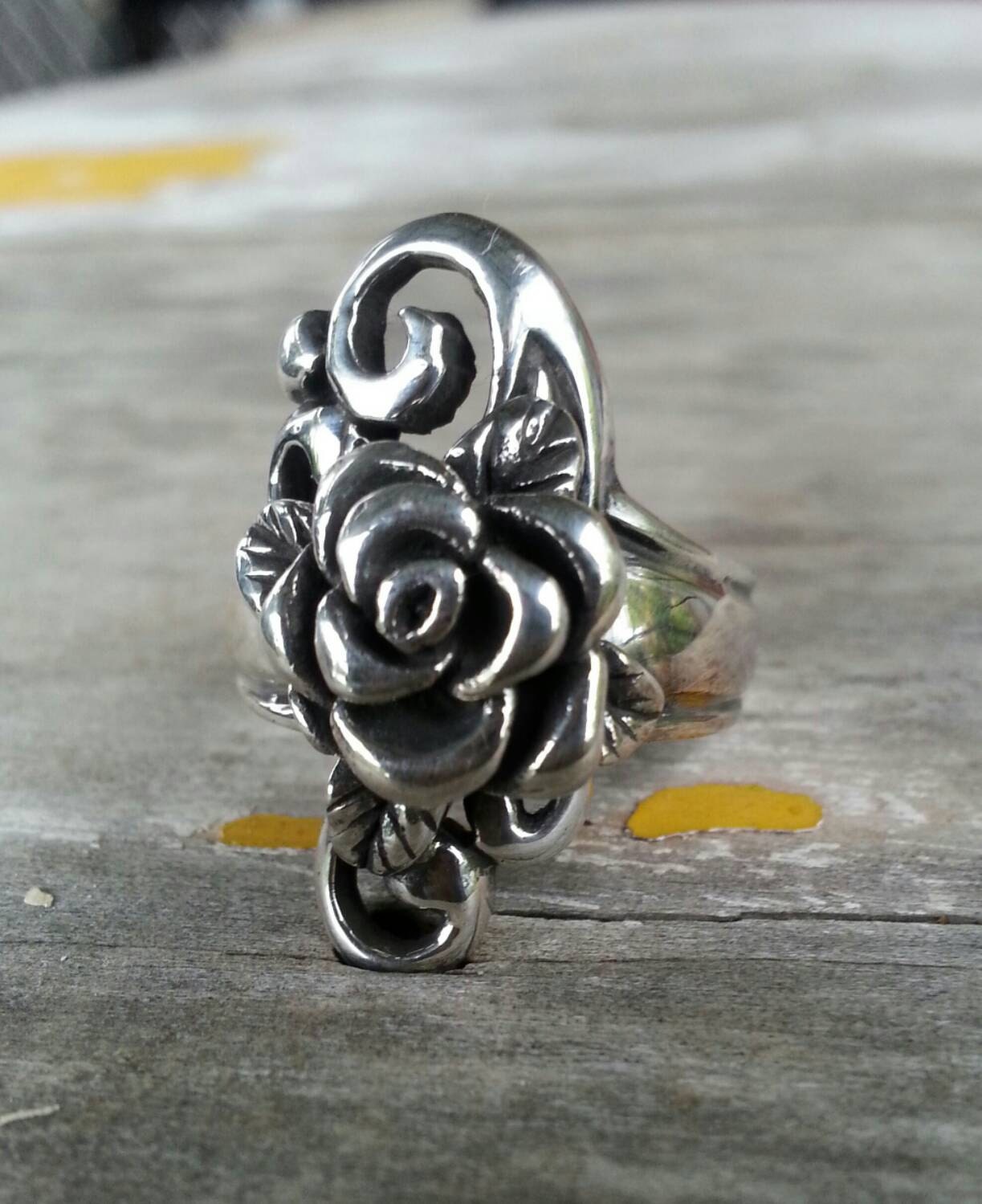 rose scroll ring,sterling silver, steampunk,gothic ,art nouveau victorian,vintage,hand made,long ring,antique rose,flower,goddess,boho,swirl