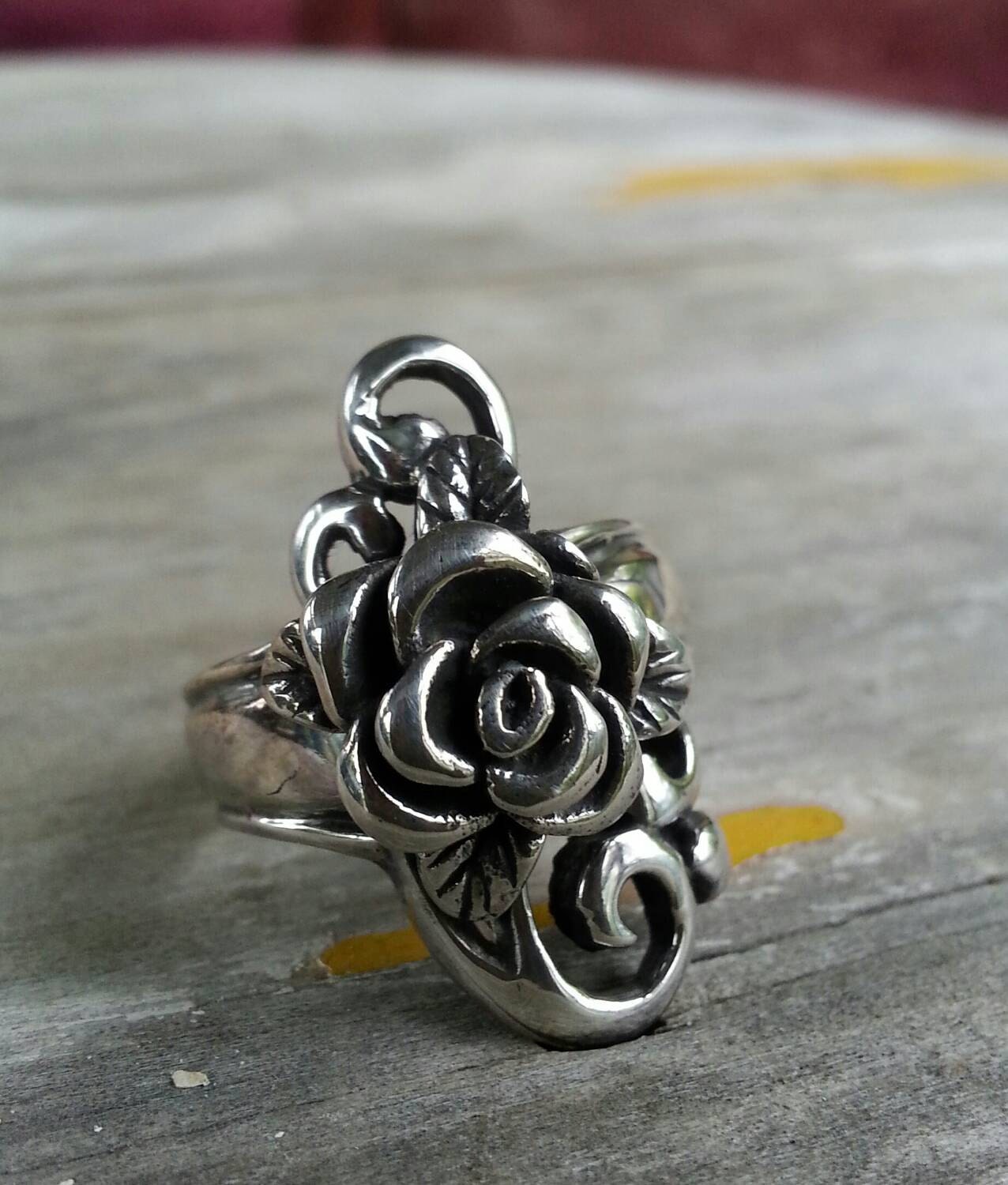 rose scroll ring,sterling silver, steampunk,gothic ,art nouveau victorian,vintage,hand made,long ring,antique rose,flower,goddess,boho,swirl