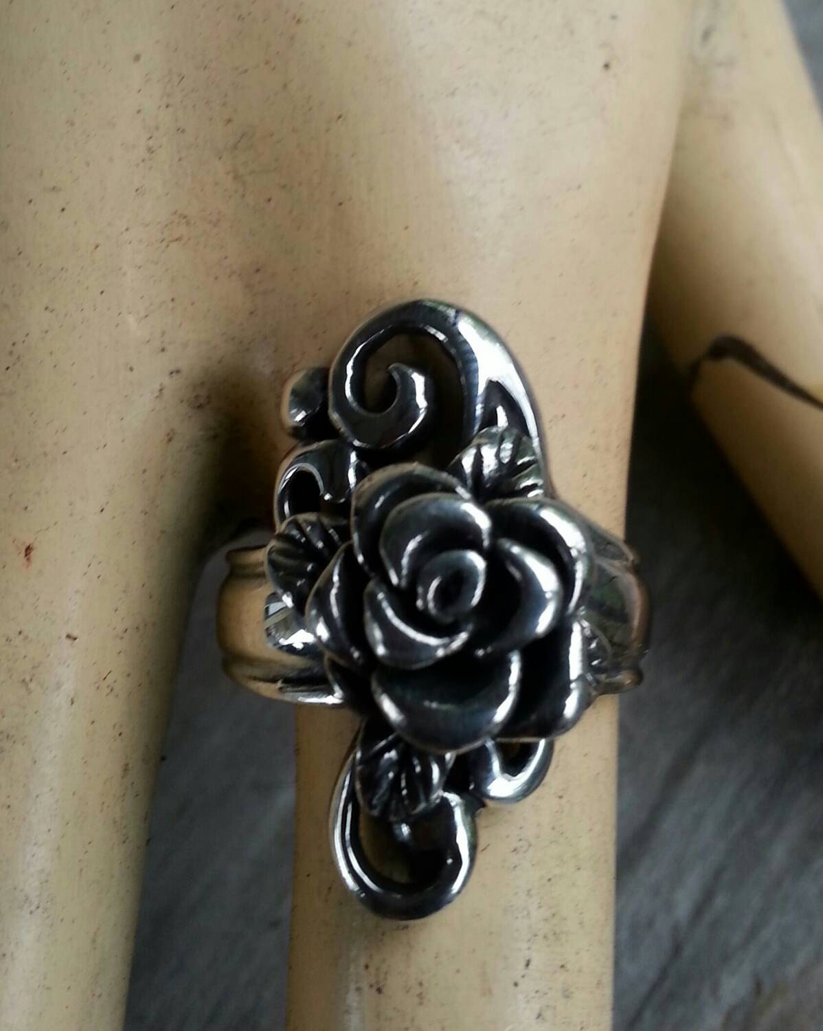 rose scroll ring,sterling silver, steampunk,gothic ,art nouveau victorian,vintage,hand made,long ring,antique rose,flower,goddess,boho,swirl