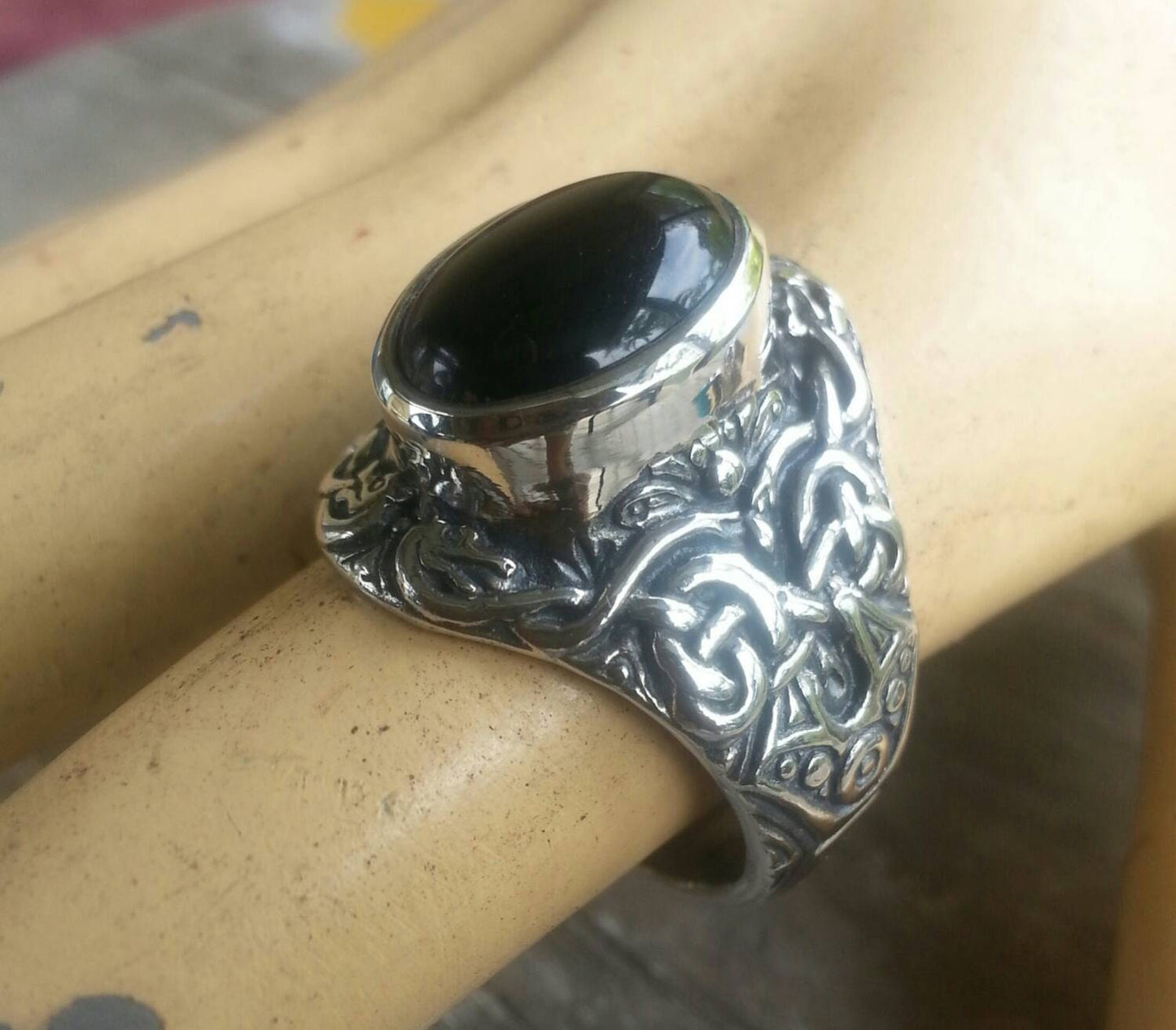 Onyx ring,sterling silver,chunky ring,celtic ring,black stone,tribal,mans ring, wedding,vintage,large stone ring,new age ring,crystal ring,