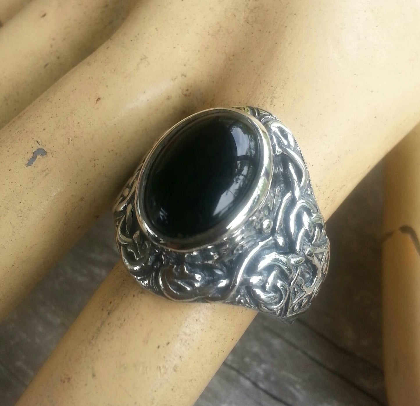 Onyx ring,sterling silver,chunky ring,celtic ring,black stone,tribal,mans ring, wedding,vintage,large stone ring,new age ring,crystal ring,