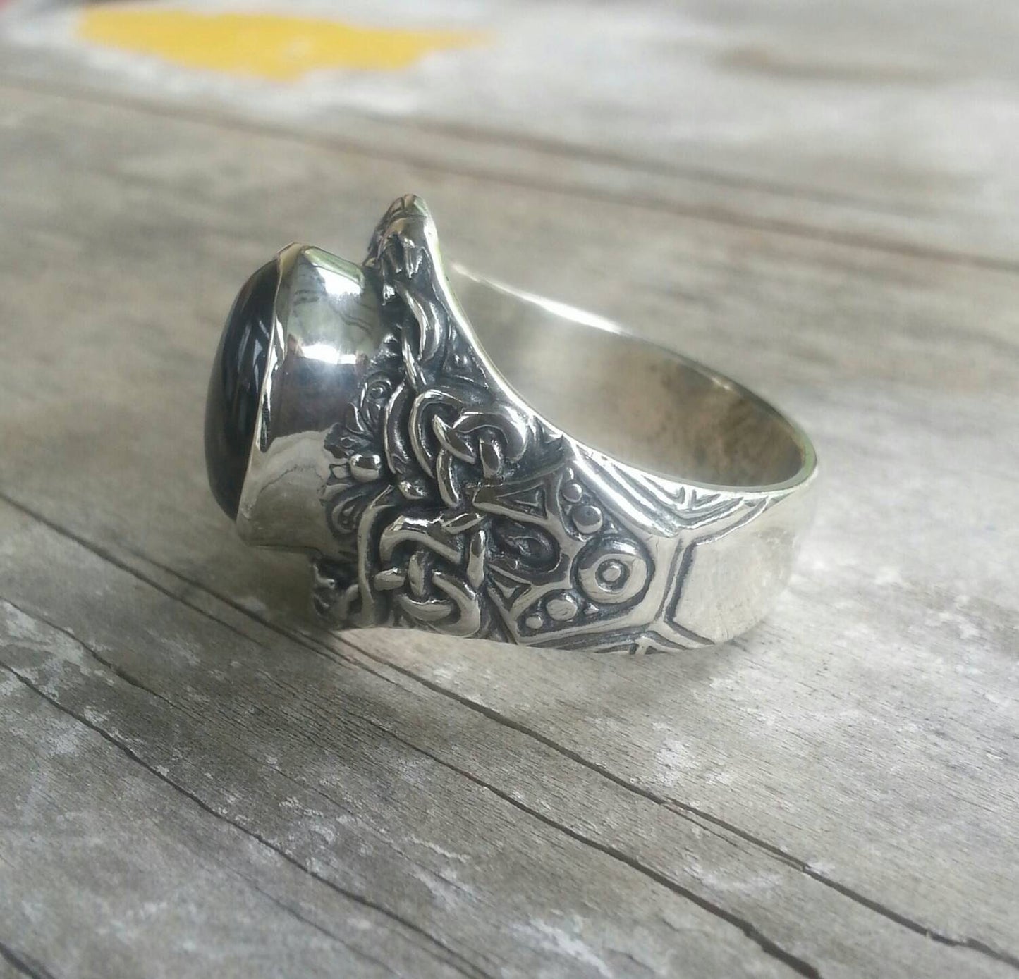 Onyx ring,sterling silver,chunky ring,celtic ring,black stone,tribal,mans ring, wedding,vintage,large stone ring,new age ring,crystal ring,