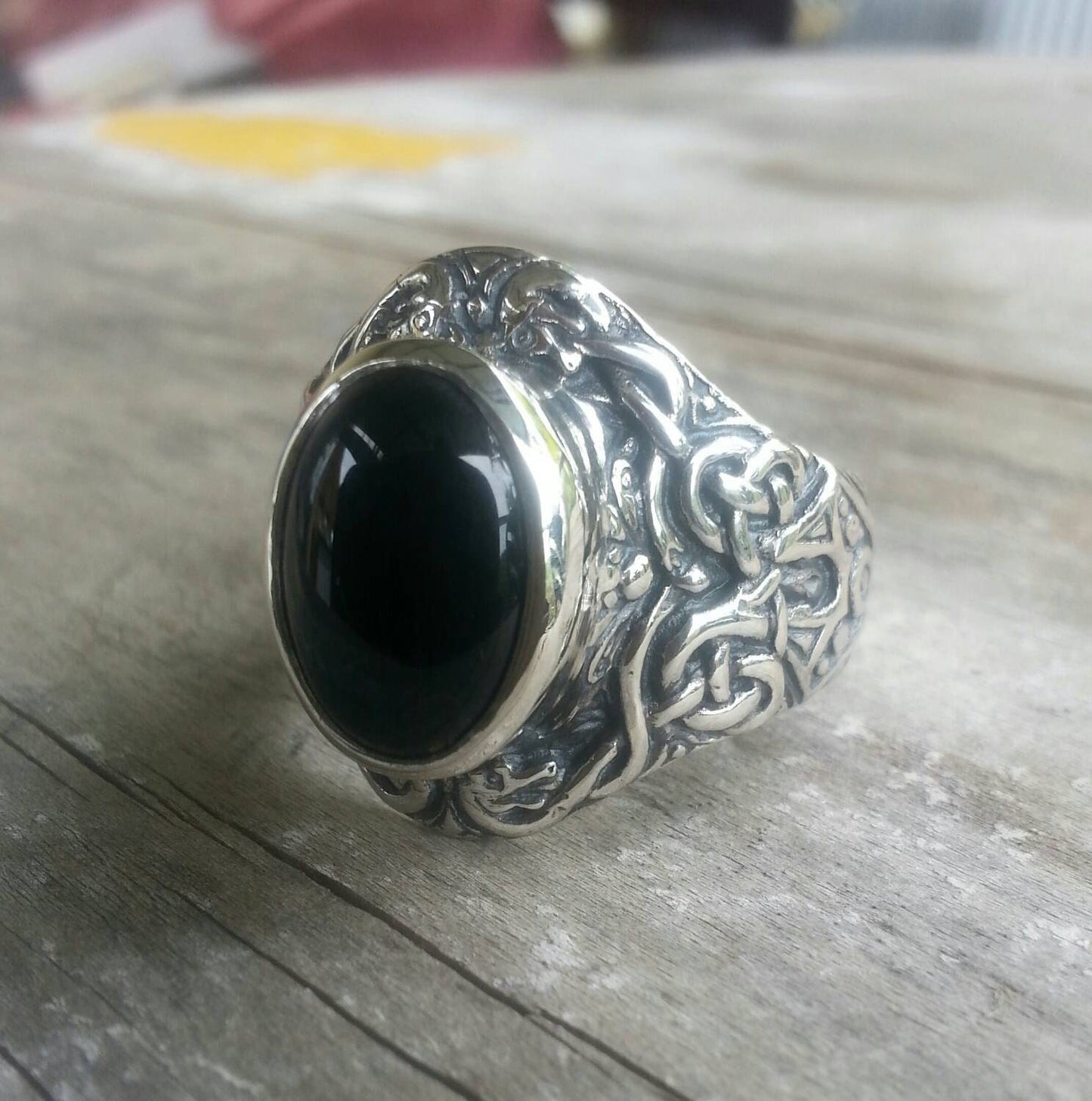 Onyx ring,sterling silver,chunky ring,celtic ring,black stone,tribal,mans ring, wedding,vintage,large stone ring,new age ring,crystal ring,