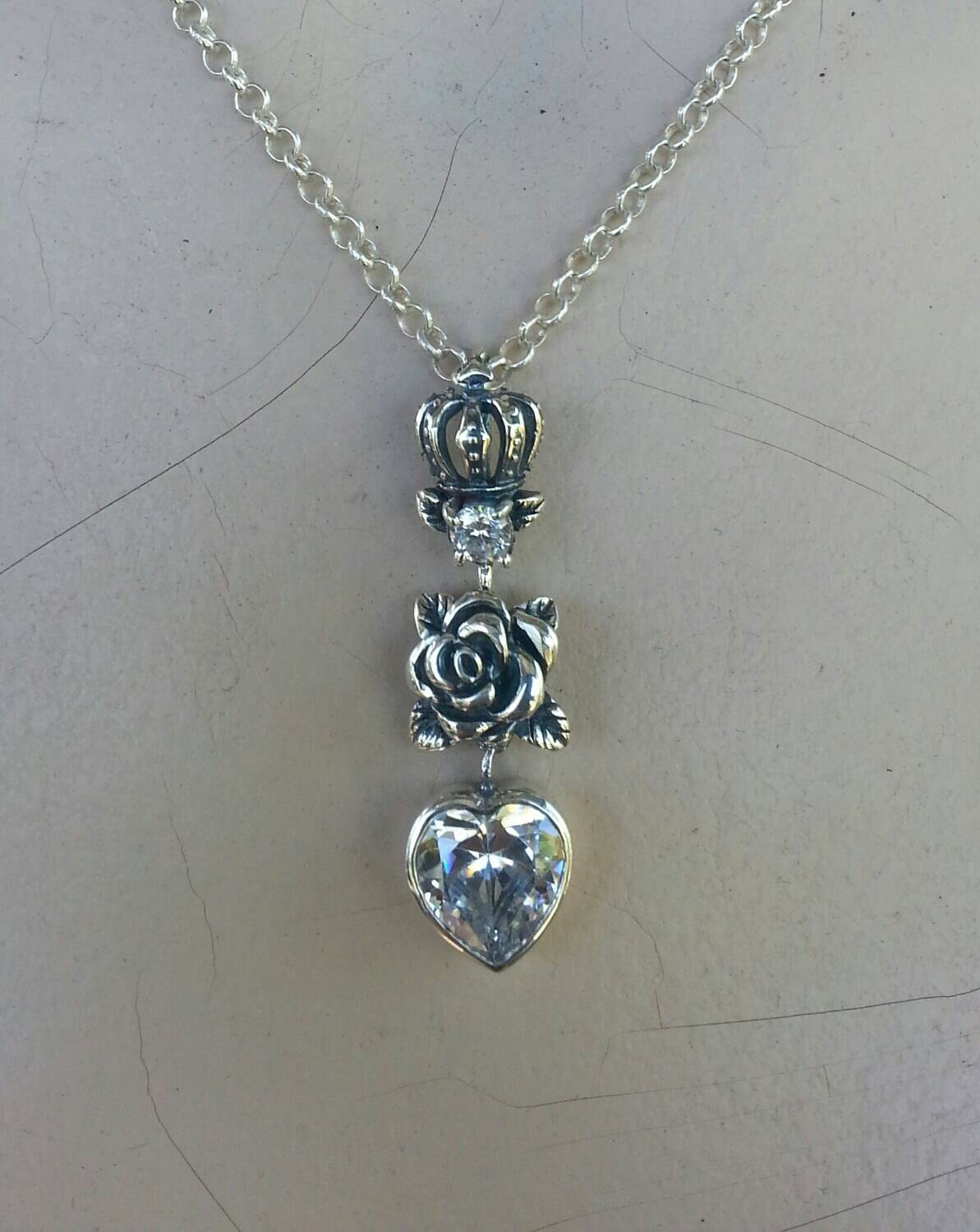 Rose crown sterling silver heart pendant steampunk rockabilly boho