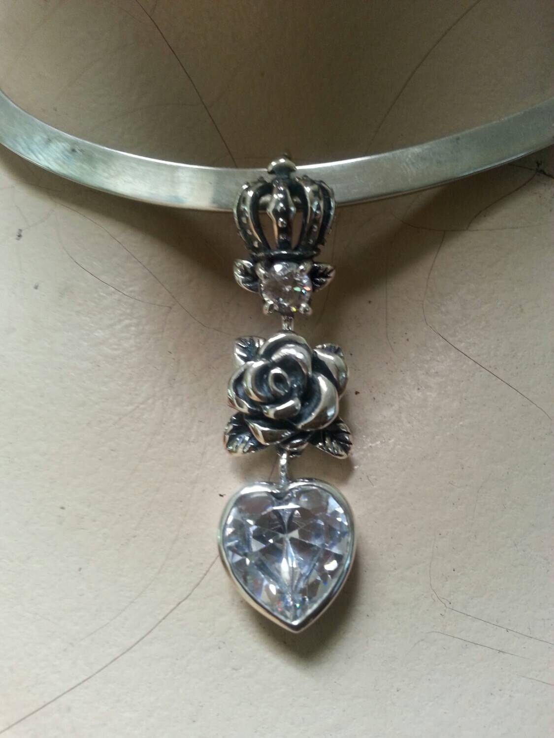 Rose crown sterling silver heart pendant steampunk rockabilly boho