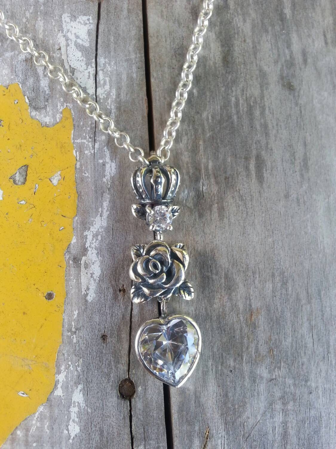 Rose crown sterling silver heart pendant steampunk rockabilly boho