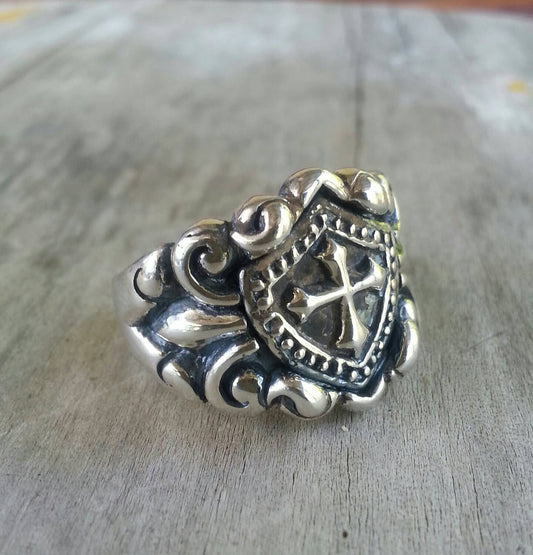 Medievil cross ring,sterling silver,cross ring, religious, victorian,vintage,mans wedding, celtic cross,shield,steampunk,knights templar