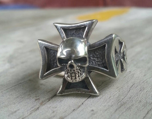 Skull cross ring, ,even  cross,sterling silver,handmade,steampunk,gothic, punk,large silver ring,cross,biker,hipster,grunge