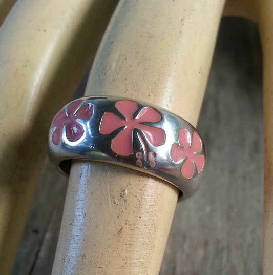 Hibiscis frangipani ring,surfer ring, Hawaiian flower sterling silver ring