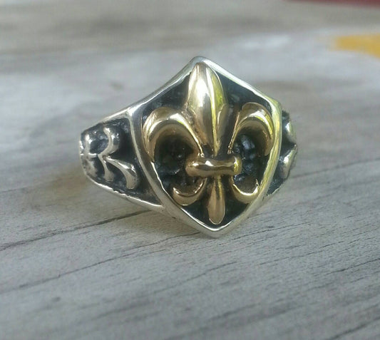 Fleur de Lis,two tone,9ct gold,sterling silver,handmade,signet ring, hipster,steampunk gothic punk