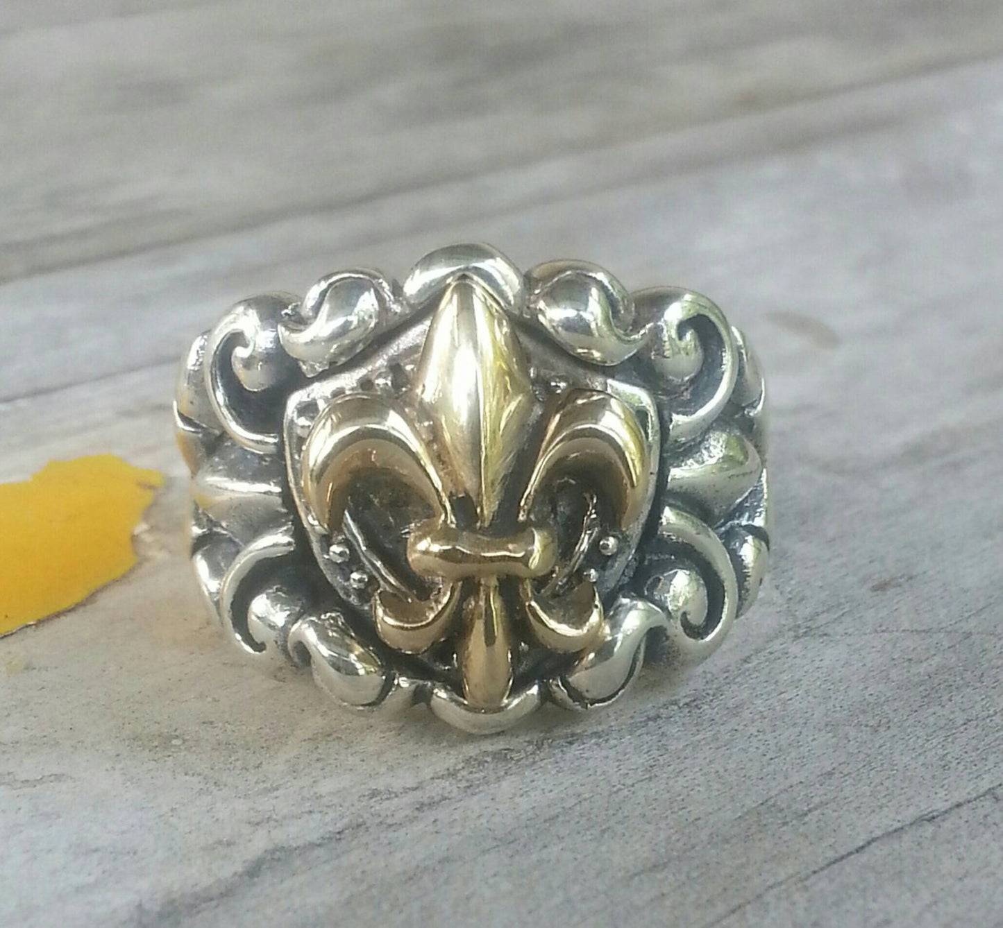 Fluer De Lis ring,two tone,9ct gold,sterling silver,mans wedding ring,shield,medievil, victorian,steampunk,boho,hipster,rockabilly,