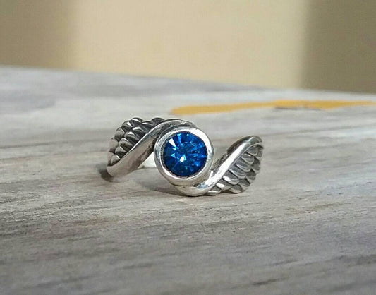 Angel,Goddess  ring,sterling silver, swaravoski blue crystal,angel wings,alternative steampunk gothic art nouveau victorian